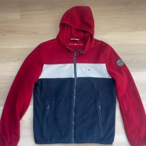 Y2K Tommy Hilfiger Men's Red White Blue Colorblock Fleece Hooded Jacket (Size S)